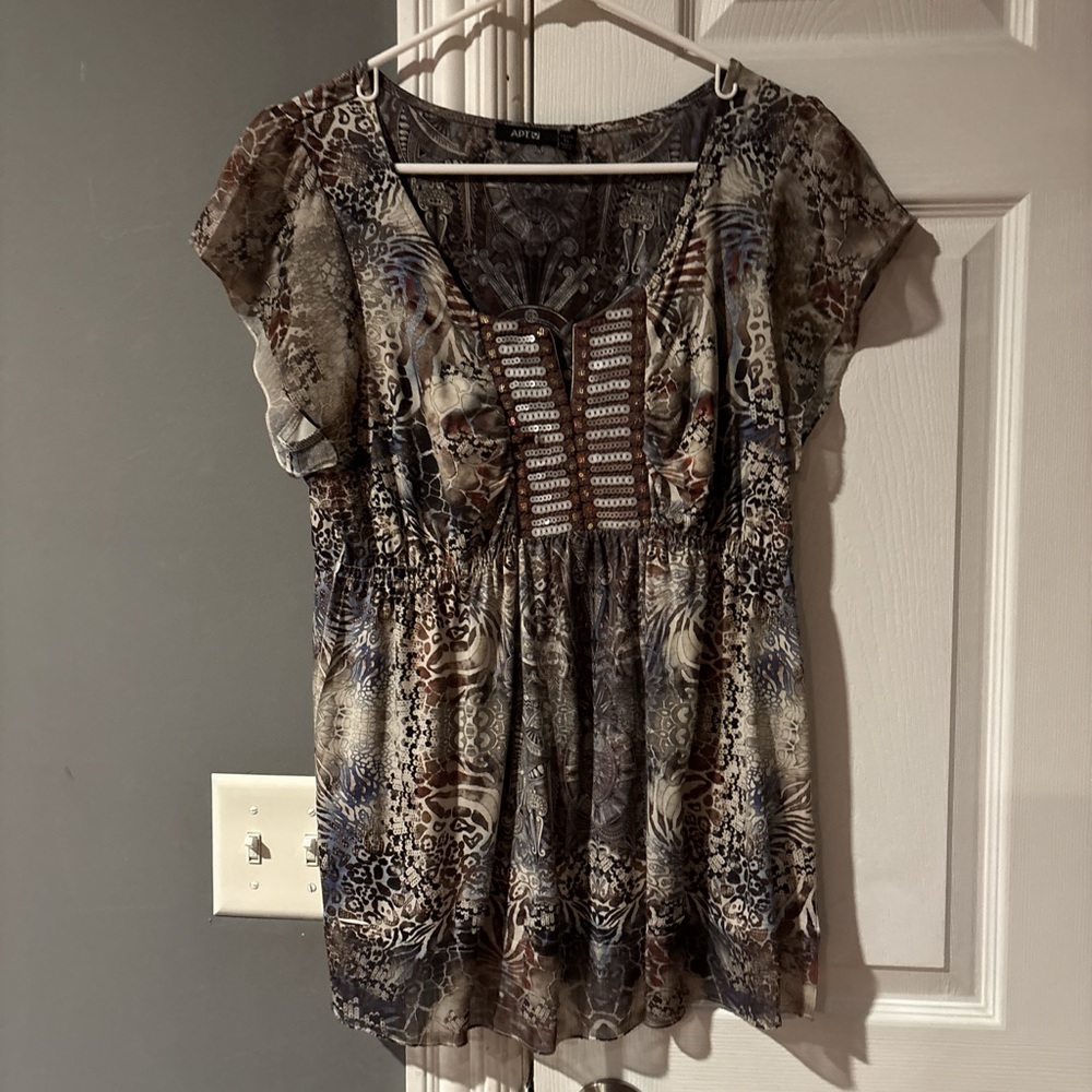 Apt. 9 Women's Brown and Blue Patterned Blouse